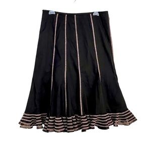 Nine West Black Cotton Skirt Size 12P Ruffles Flared Midi Embroidery A-line Full